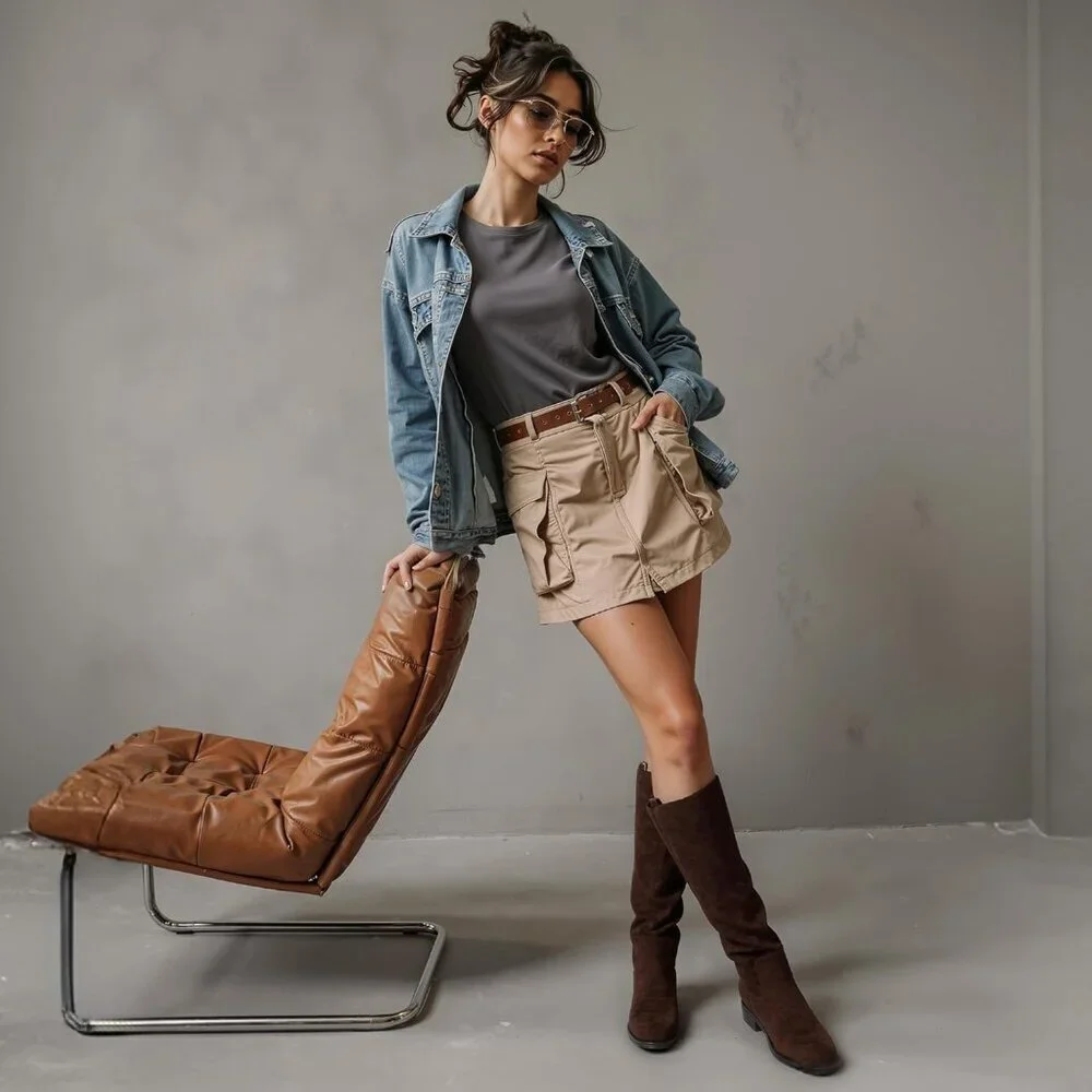 Women's A-suede chocolate  Rounded Toe Flat Low Chunky Zip Heel Knee High Boots